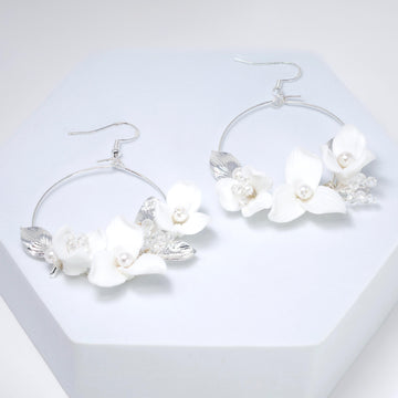 Faux Pearl Ceramic White Flower Dangle Hoop Earrings, Bridal Jewelry, Pearl Bridal Earrings, Statement Dangle Earrings